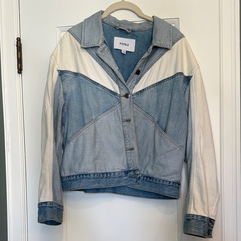 Pistola Blue and White Color-Block Jean Jacket